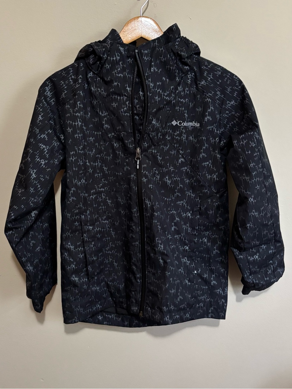 Columbia Youth Arcadia Print Waterproof Hooded Rain Jacket Black Gray M